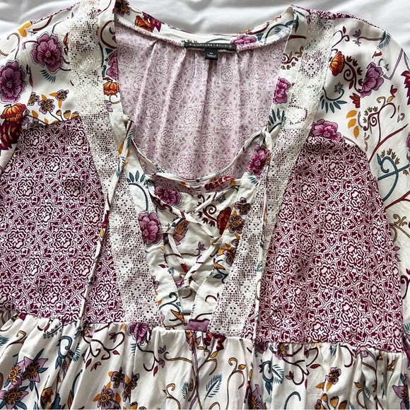 Signature Studio Boho Top Size Small Floral Print Lace Top Focal Point Tie Chest - Picture 4 of 8